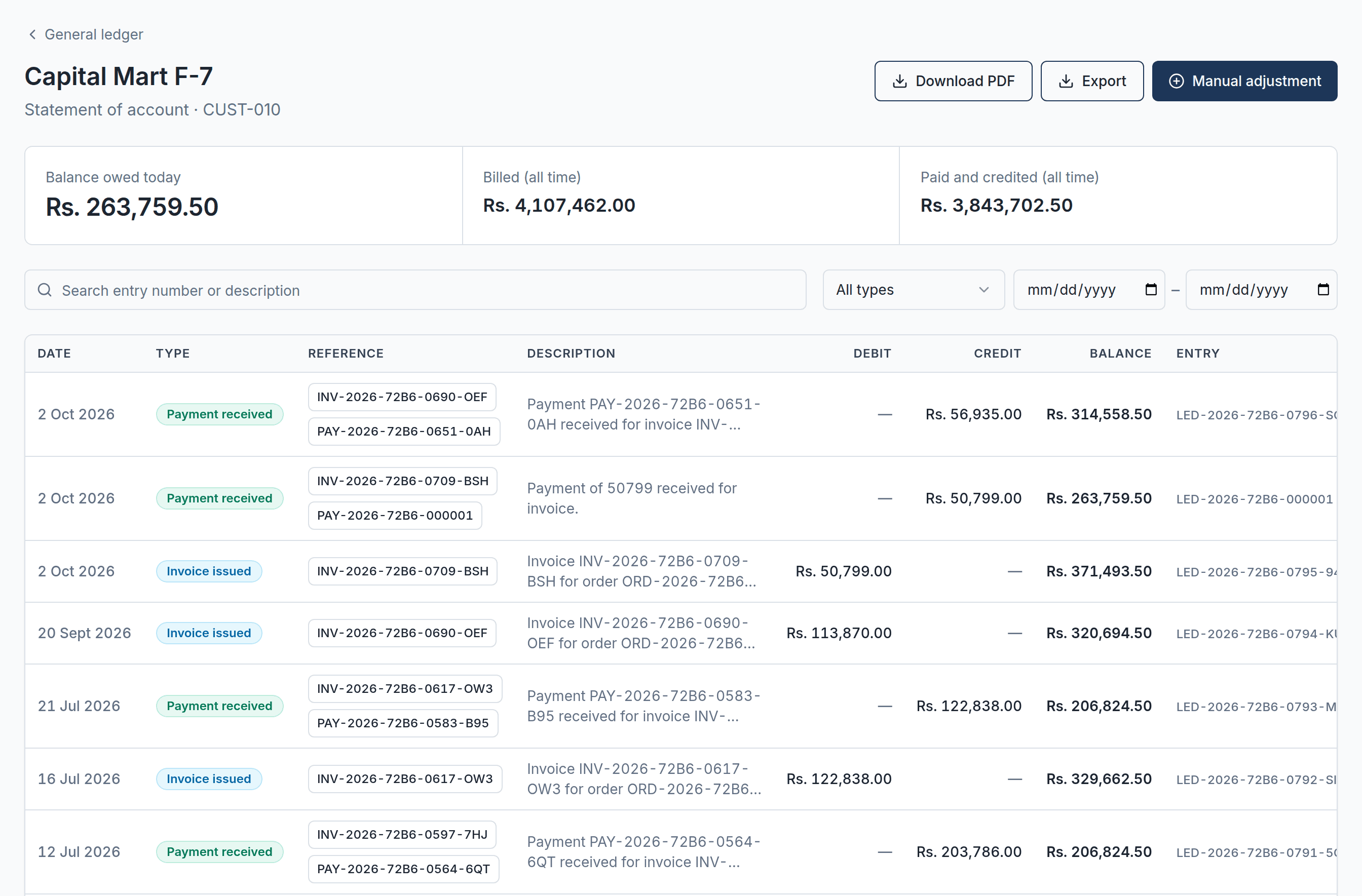 Vdistro customer statement with balance owed, billed and paid, and a running ledger